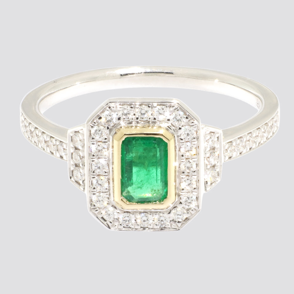 Rosetring 14kt 0,31ct tw-si 0,45ct smaragd