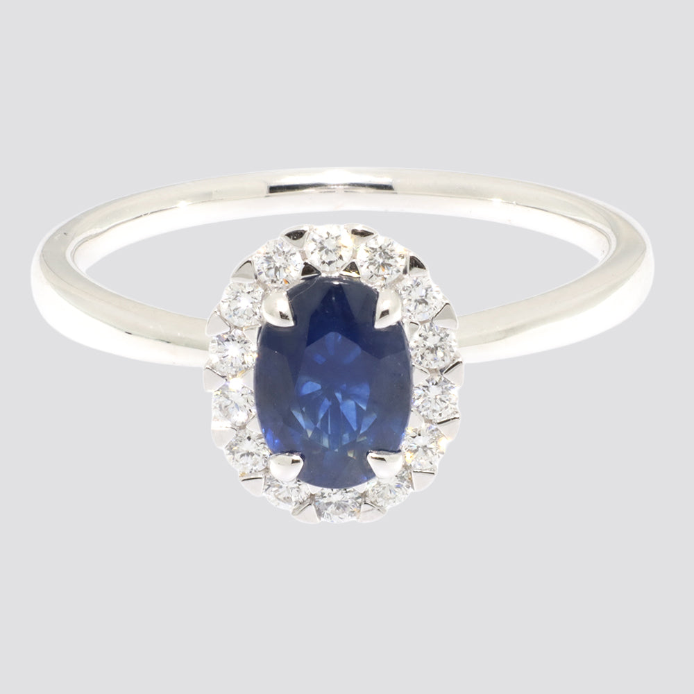 Rosetring 14kt hvidguld med safir og diamant