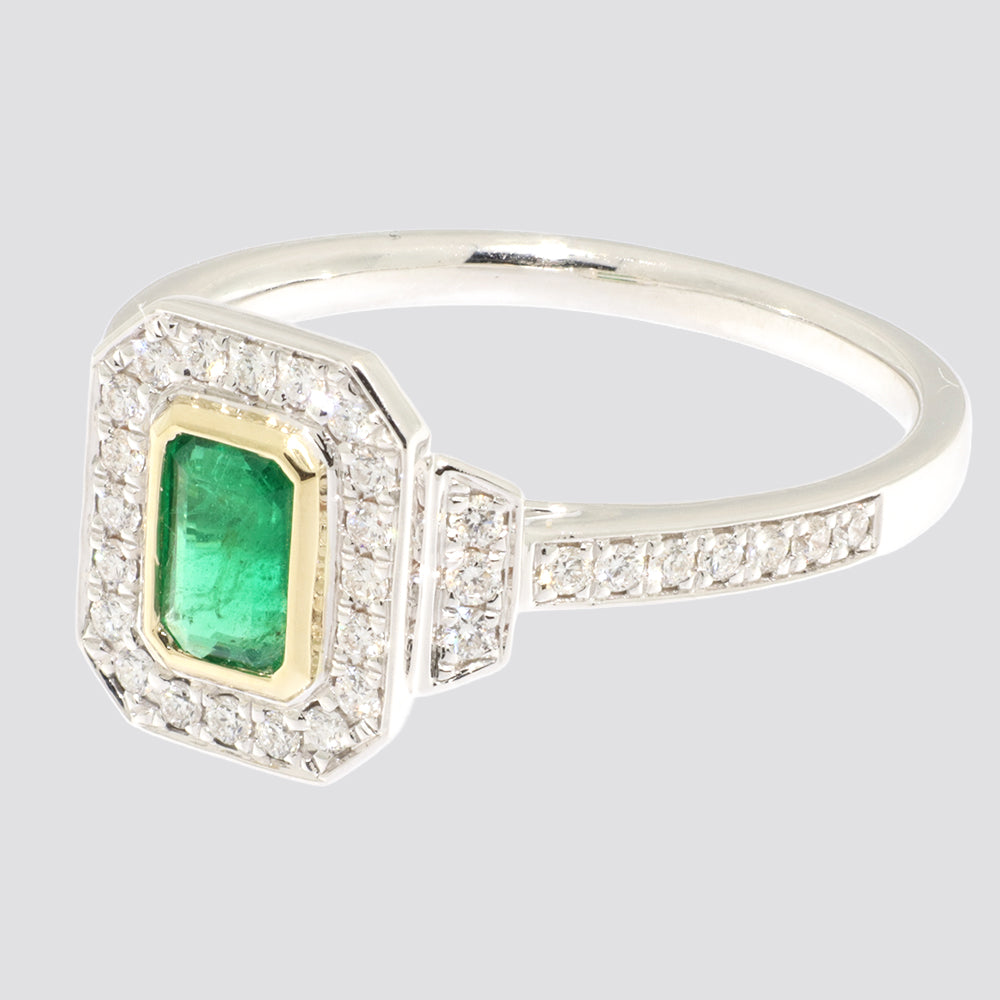 Rosetring 14kt 0,31ct tw-si 0,45ct smaragd